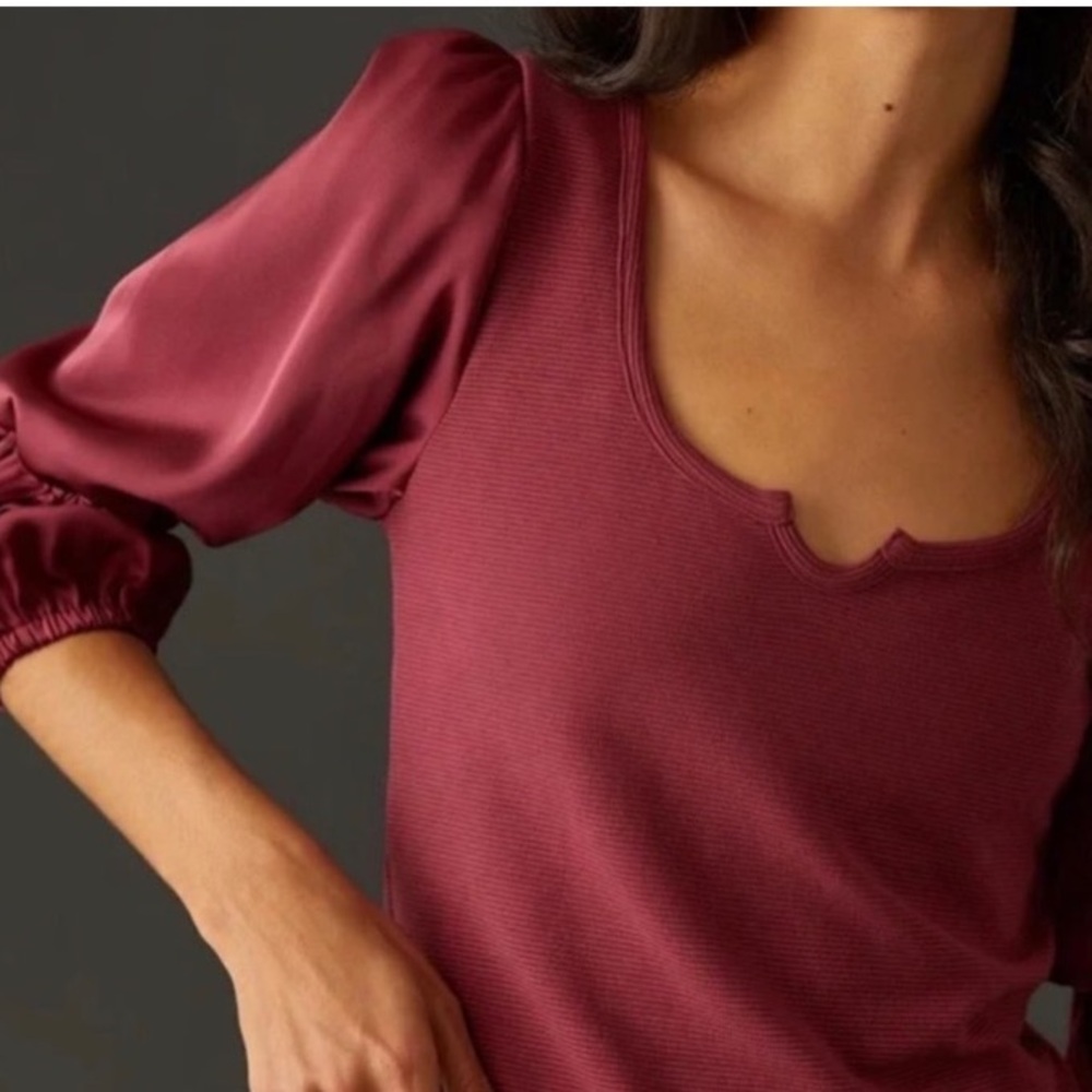Maeve by Anthropologie Ribbed Tiered Long Sleeve Top in Burgundy Size Medium NEW - Picture 5 of 16